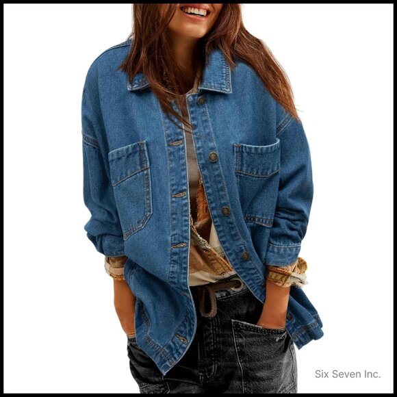 Oversized Boyfriend Denim Jacket Split Detail Long Sleeve Button Up Chic